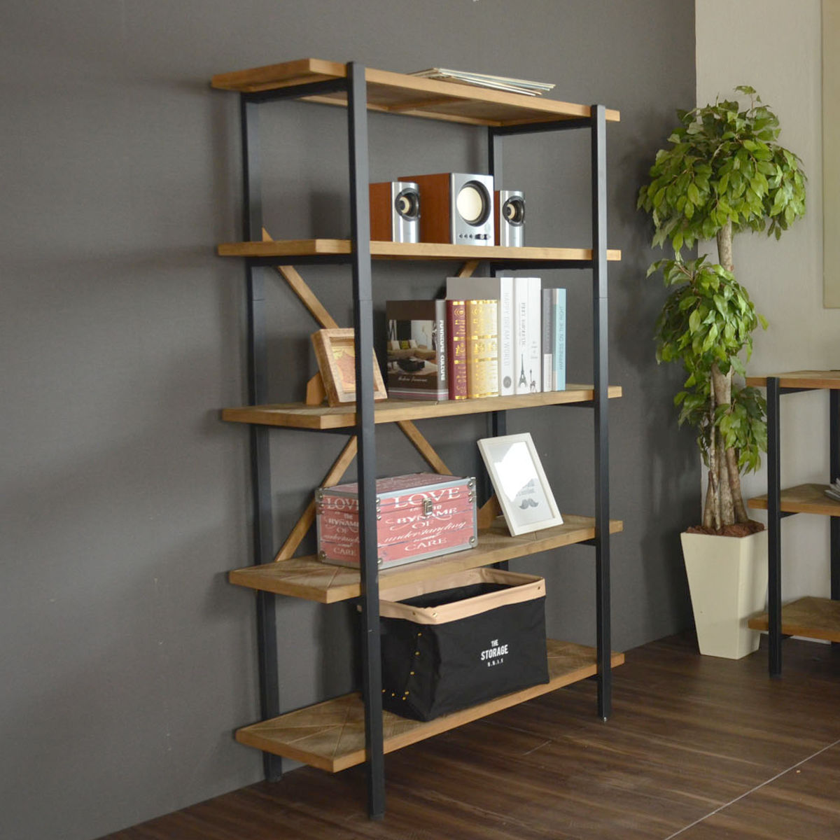 オープンラック 幅90cm 5段 組木 古材風 KALEIDO （ 本棚 収納棚 収納