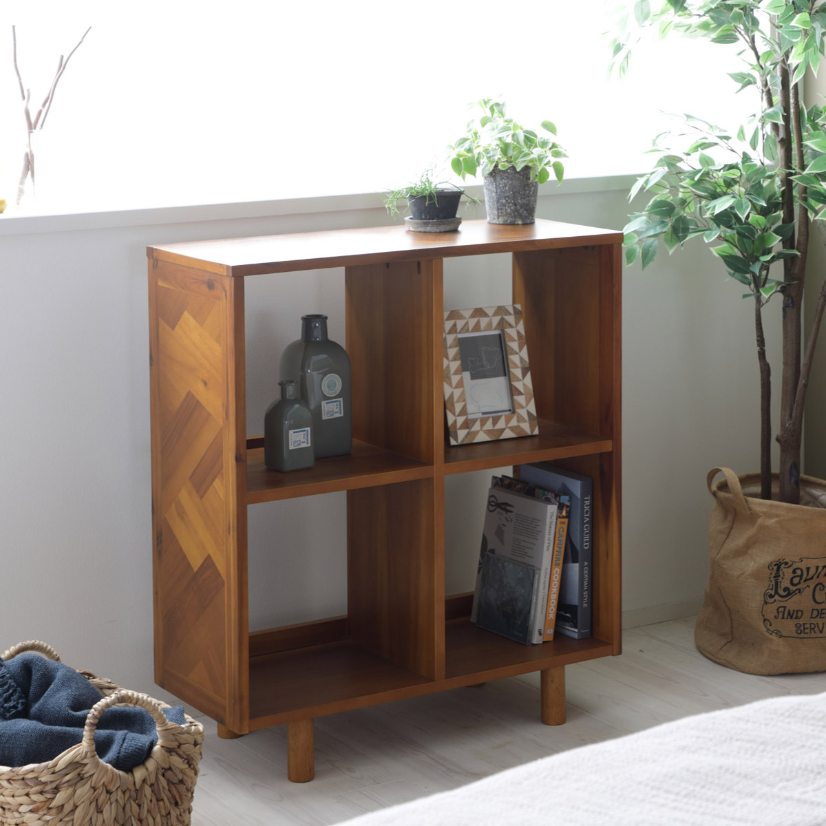 弘益 オープンラック 幅70cm 2段 寄木突板 ヴィンテージ調 HENT