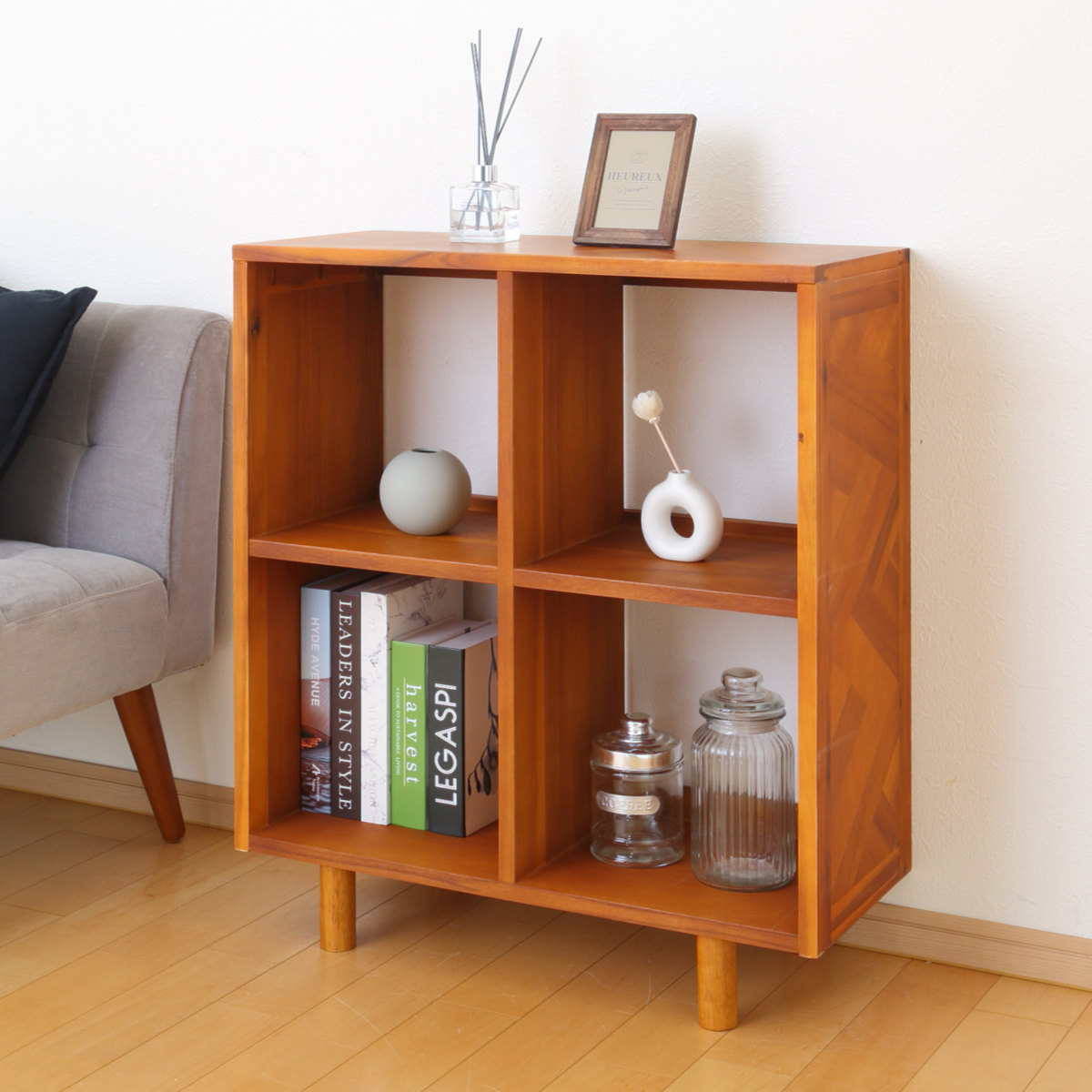 弘益 オープンラック 幅70cm 2段 寄木突板 ヴィンテージ調 HENT