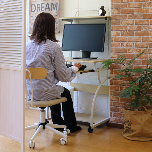 弘益 パソコンデスク 幅60cm ラック付き キャスター付き 木目調 （ PC