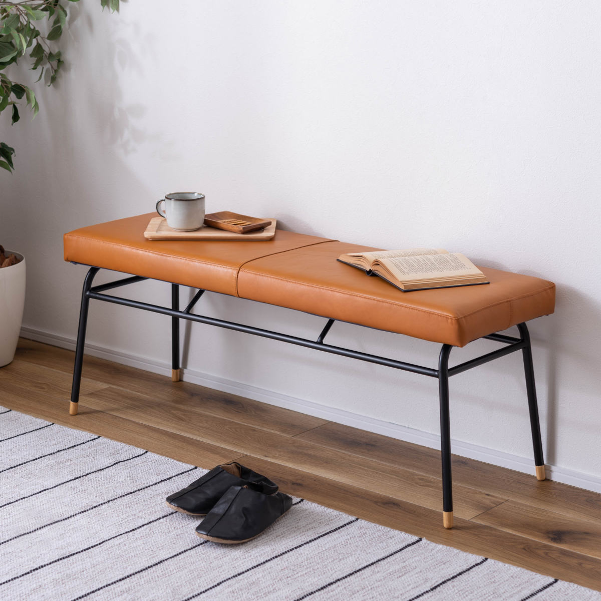 東谷 ベンチ 幅118cm レザー 本革 スチール ダイニングベンチ （ 椅子