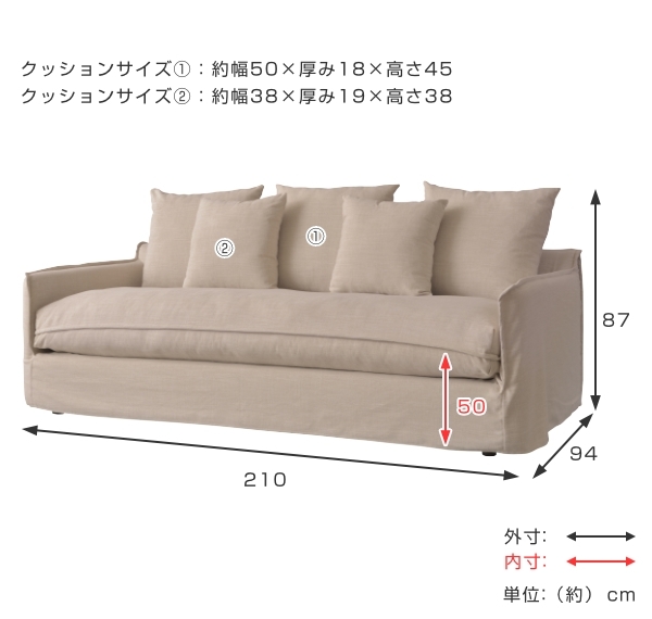 ソファ 幅210cm 3人掛け ソファー カバー付き クッション ファブリック 布張り ひじ掛け 脚付き ローソファー （ 三人掛け 約 幅 210 座り心地 ローソファ ）_3