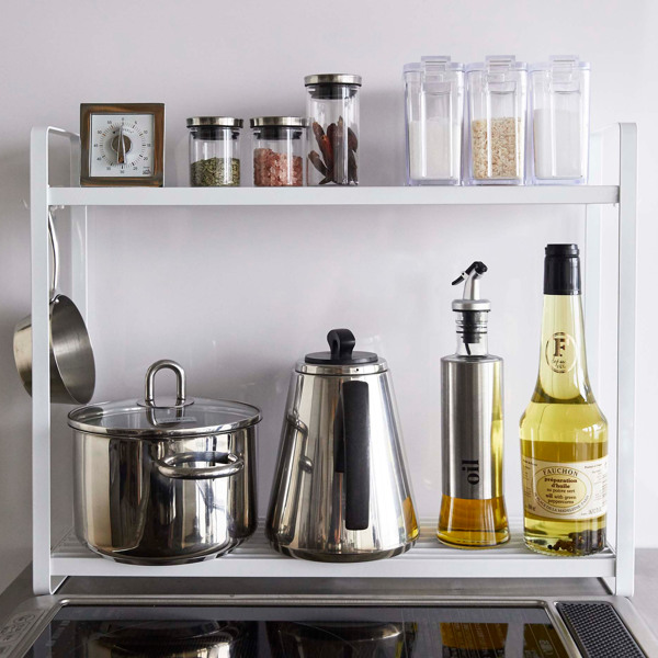 【美品】キッチンラック 2段 収納付き 山善（YAMAZEN） レンジ上ラック 棚2段 幅44-71 奥行35.5 高さ70.5cm