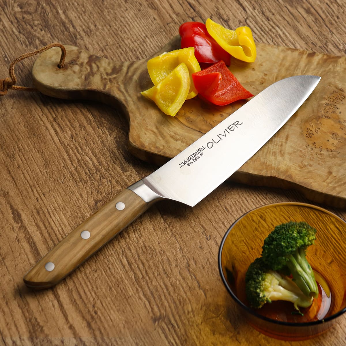 包丁 三徳包丁 刃渡り17cm 木柄 日本製 バイアキッチン OLIVIER （ 17