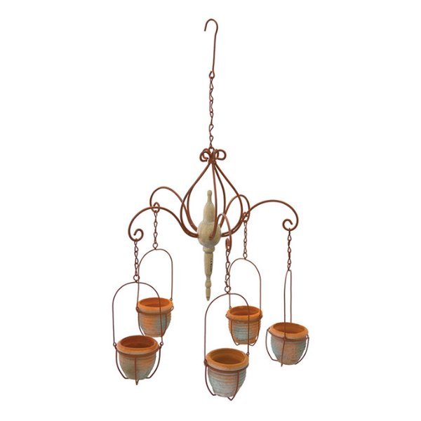 プランター ハンギング シャンデリア テラコッタ 幅30×奥行30×高さ60cm （ 吊り下げ型 5連 鉢 植木鉢 テラコッタ鉢 アンティーク調 ）