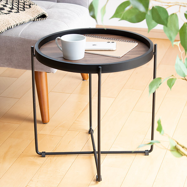 アンティーク　トレー付きコーヒーテーブル　センターテーブル　お盆　サイドテーブル 東谷 サイドテーブル 幅42cm トレー テーブル 折りたたみ 収納 お盆 丸
