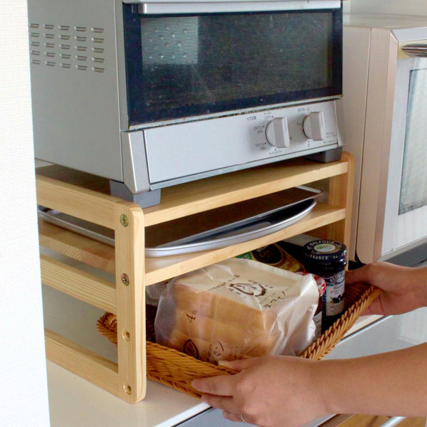 トースターラック 洗えるバスケット付き 家電下ラック 木製