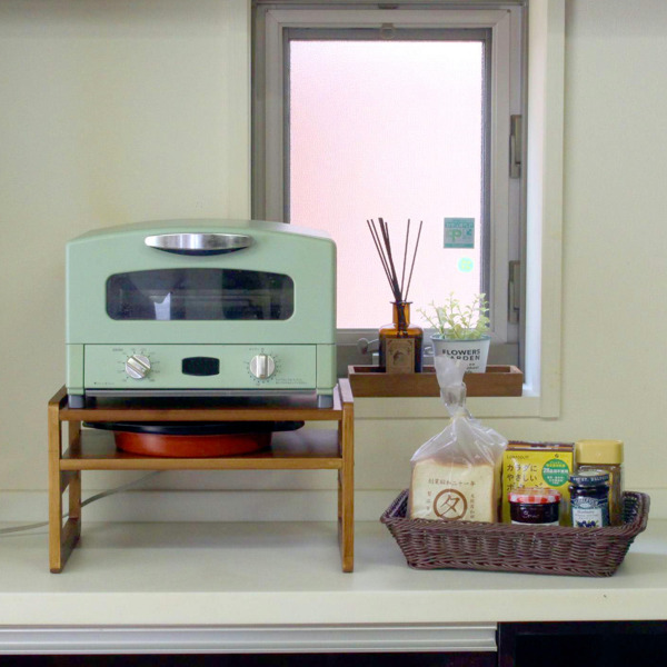 トースターラック 洗えるバスケット付き 家電下ラック 木製