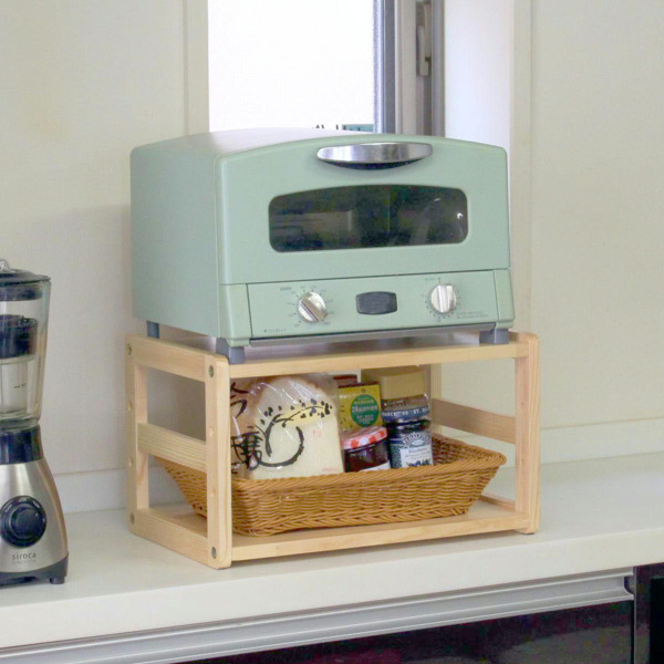 トースターラック 洗えるバスケット付き 家電下ラック 木製