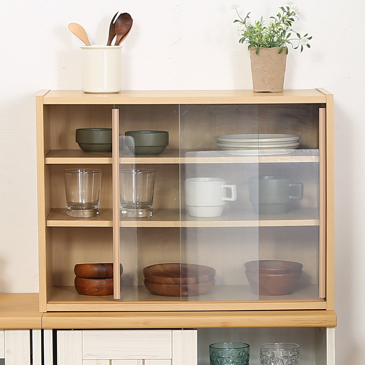 不二貿易（Fuji Boeki） ミニ食器棚 幅60cm 3段 カップボード ガラス
