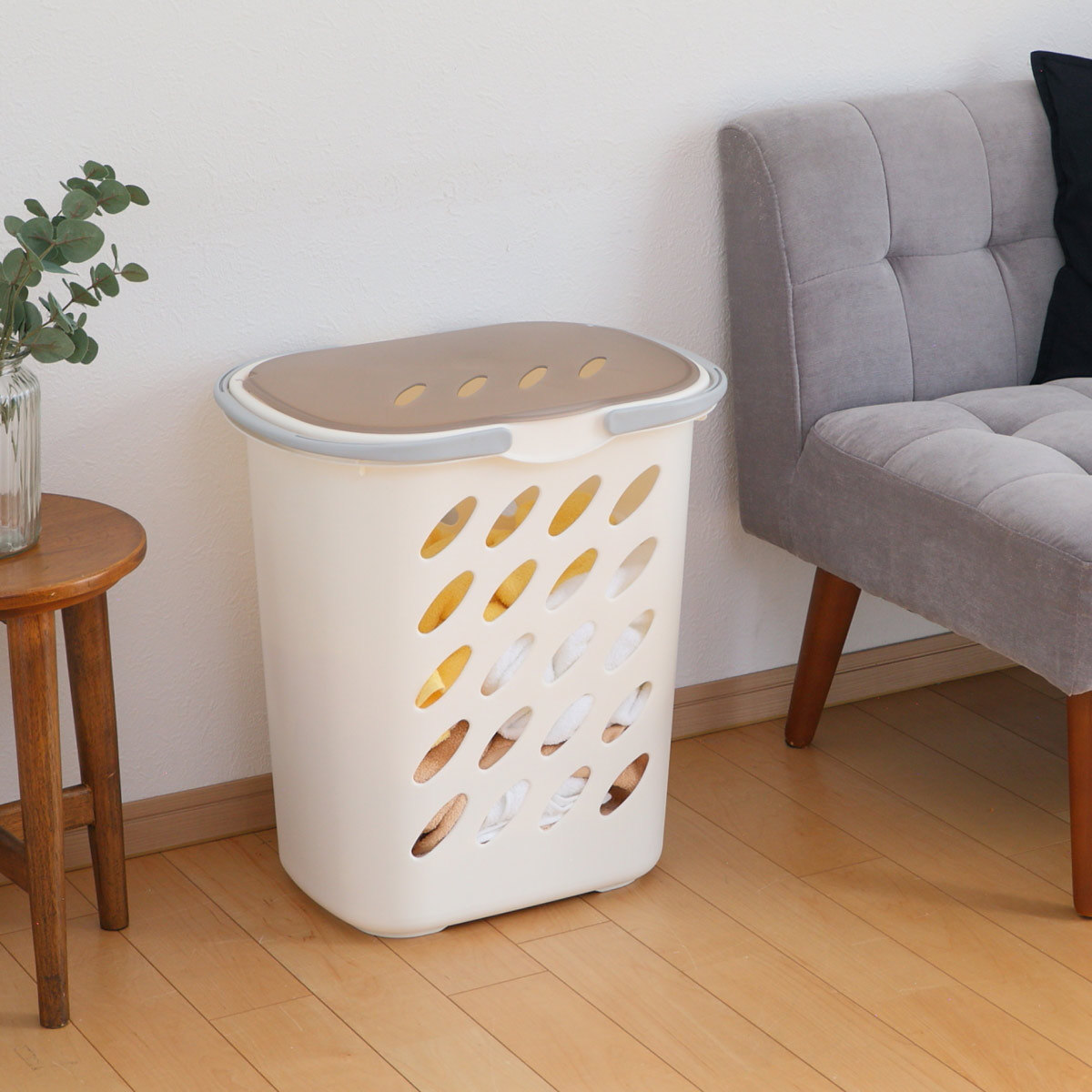 ランドリーバスケット　籐バスケット蓋付き ランドリーバスケット 蓋付き CURVER ニットランドリーバスケット 57L