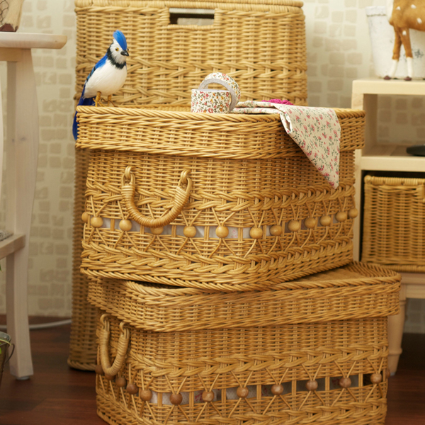 籐 フタ付バスケット スタッキング 持ち手付 fiore 幅38cm