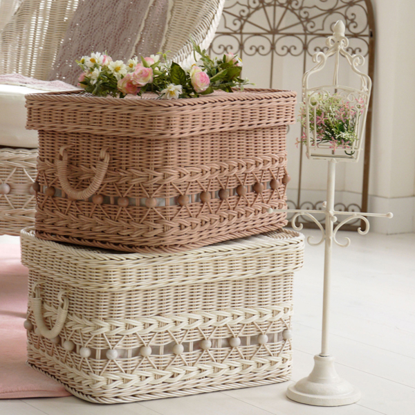 籐 フタ付バスケット スタッキング 持ち手付 fiore 幅38cm