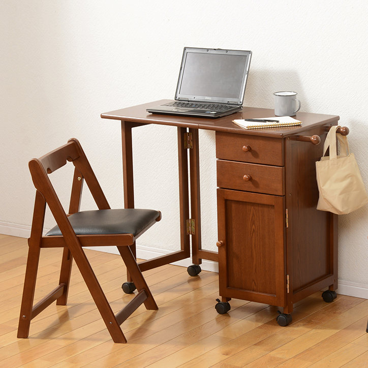HAGiHARA（萩原） 折りたたみデスク 幅88cm ワゴン付き キャスター