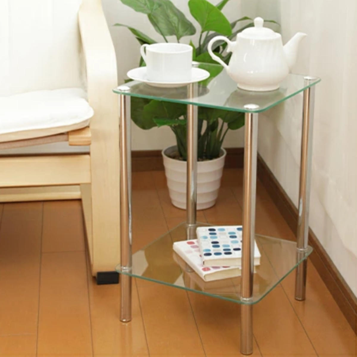 ミヤグチ企販 ガラスラック 2段 幅30cm 正方形 スチール脚 （ テーブル