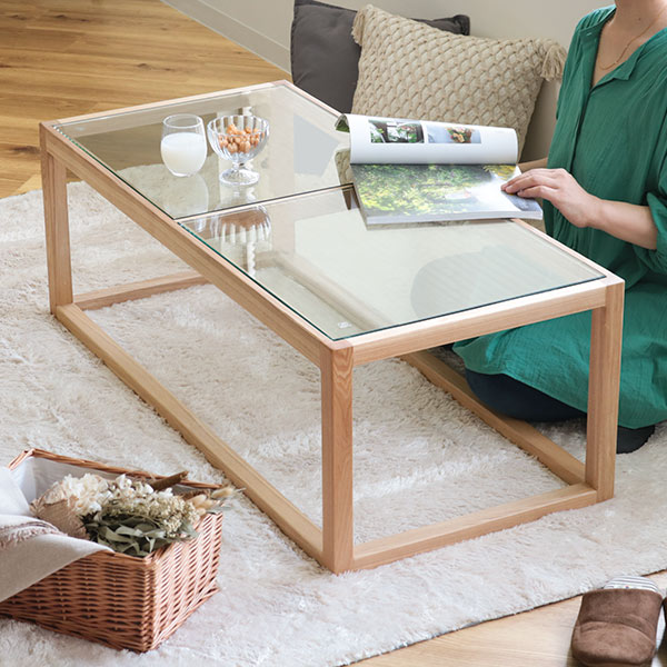 ガラス天板 木製センターテーブル 東谷 センターテーブル 幅110cm ガラステーブル ガラス天板 木製 天然