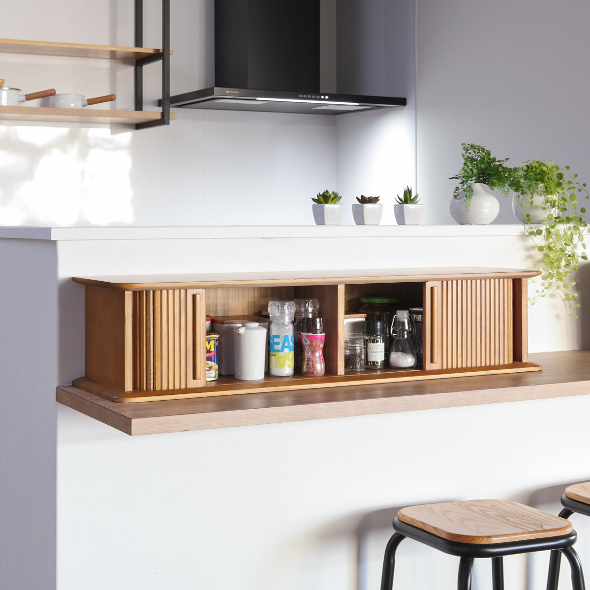 クロシオ スパイスラック 幅90cm ジャバラ式 カウンター上収納 背面