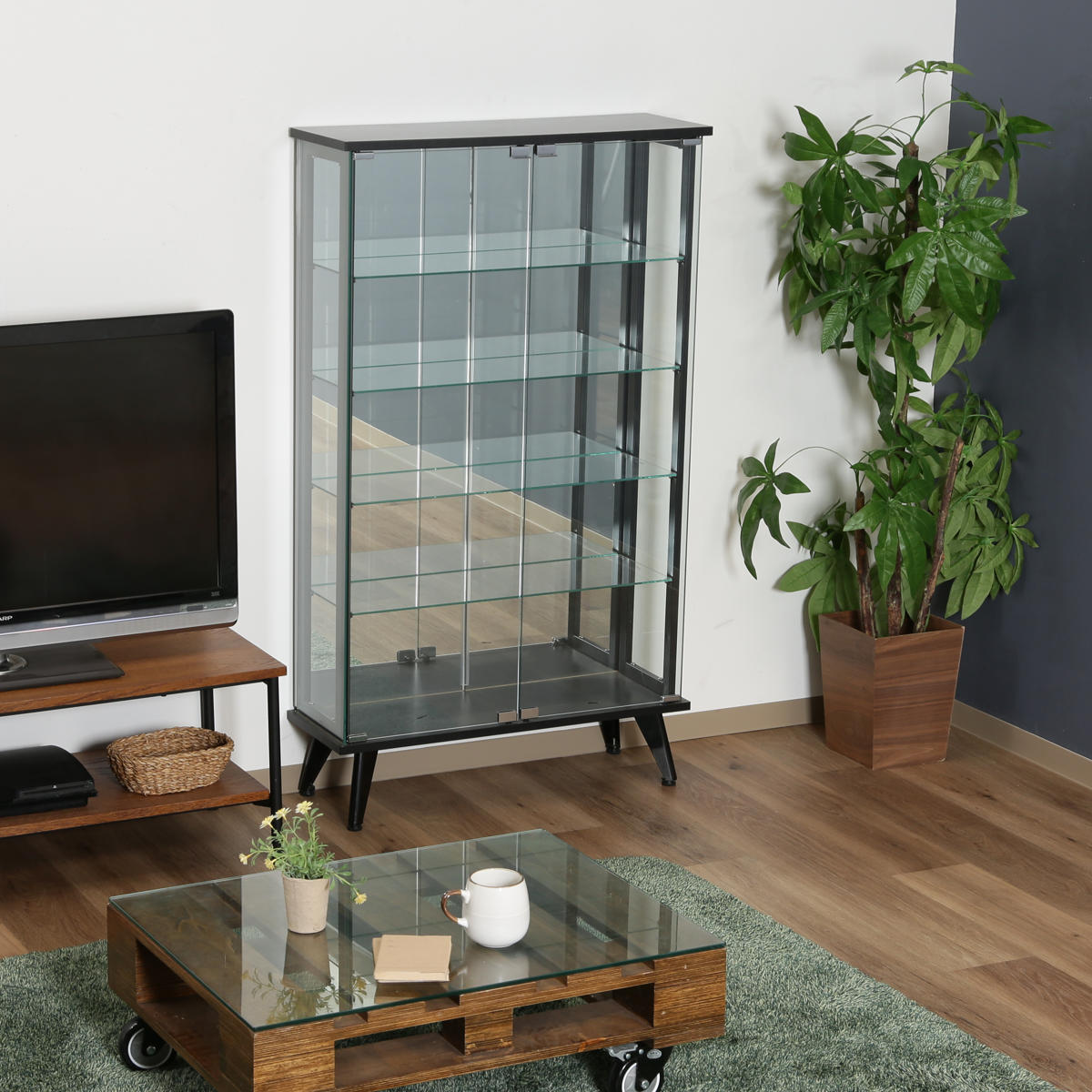 ディスプレイキャビネット　ガラスキャビネット　ガラス棚 ガラスキャビネット ディスプレイラック スチールフレーム 幅80cm