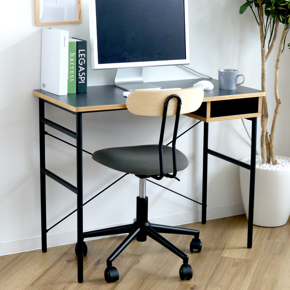 弘益 ワークデスク 幅90cm 棚付 木製 メラミン スチール （ パソコン