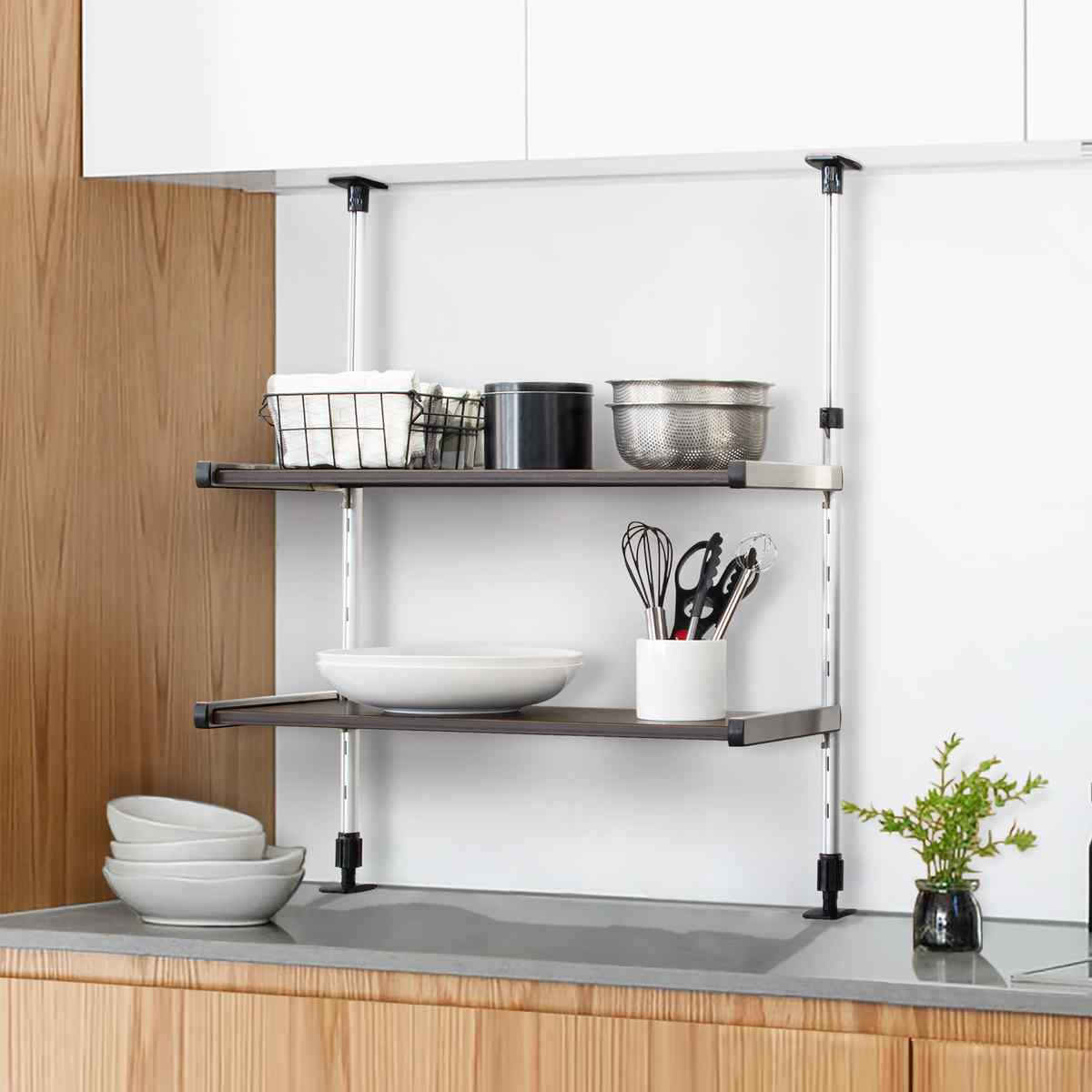 つっぱり棚 2段 幅75cm モクメタル （ 木目 キッチン 突っ張り棚