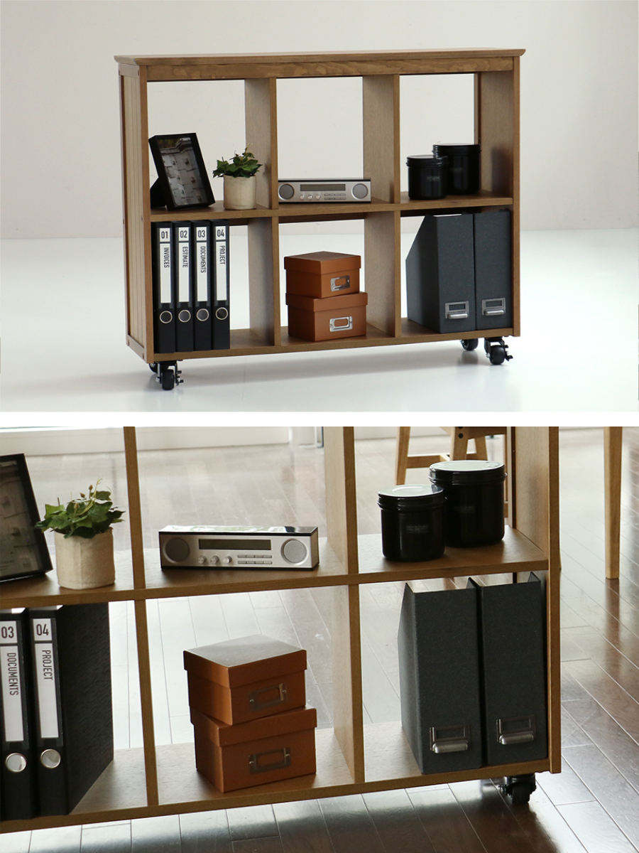 オープンラック 6マス キャスター付 天然木 ヴィンテージ調 Rasic 約幅