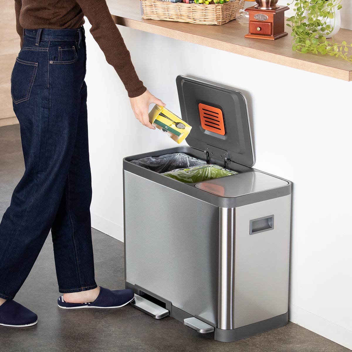 ゴミ箱 12L×3 分別 JAVA BASE トリプルコンパートメント （ ジャバ ベース ごみ箱 36L 36リットル 3分別 奥行29 ペダル ステンレス ふた付き キッチン 角型 ）