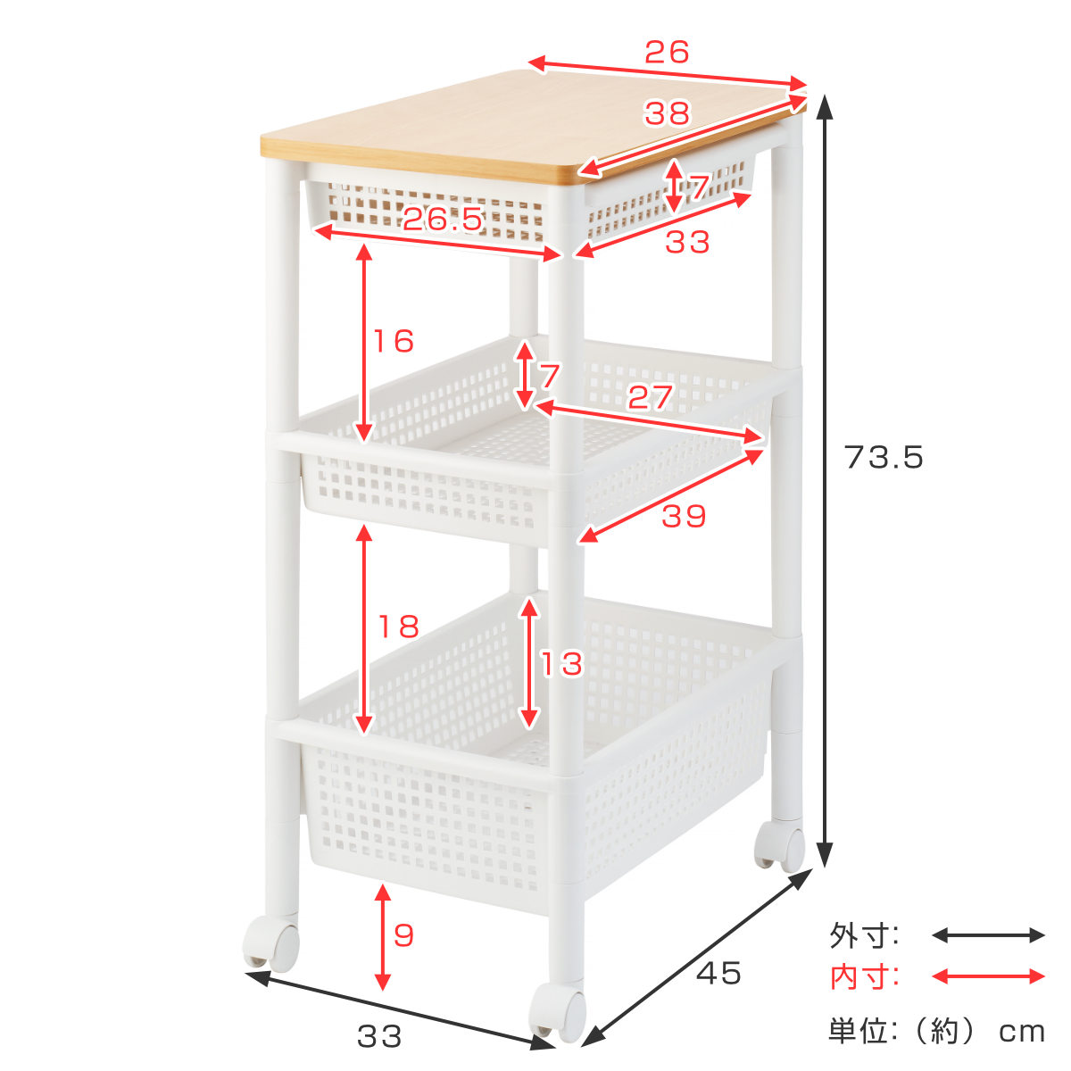 天馬 ウッドトップワゴン ワイド3段引出し付き （ ワゴン キャスター