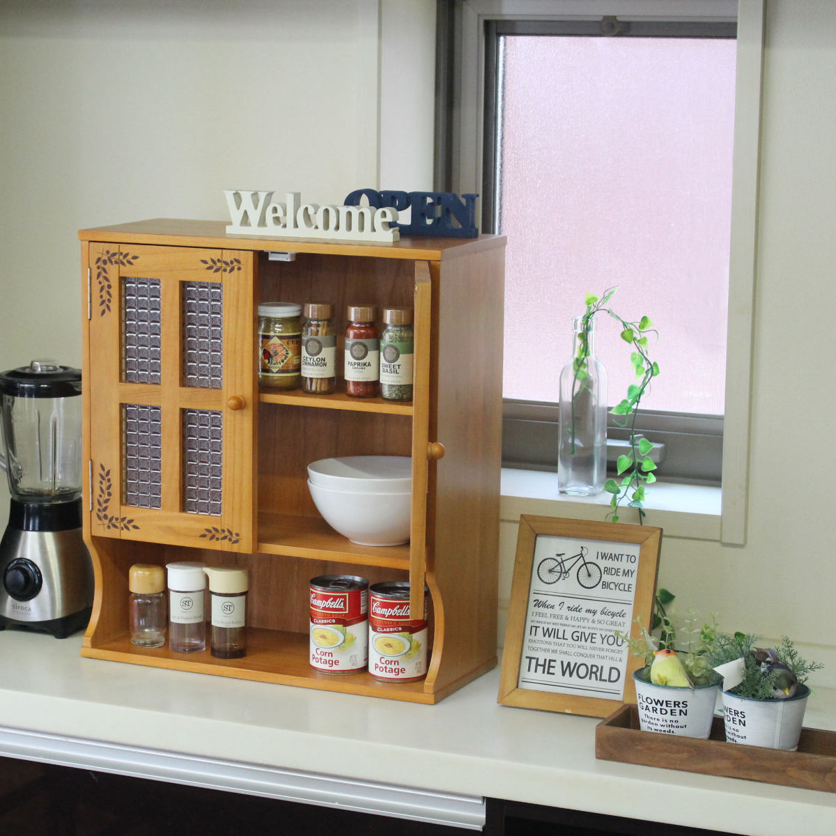 OSMAC 調味料ラック カウンター上調味料ラック 幅45cm リーフ柄 木製