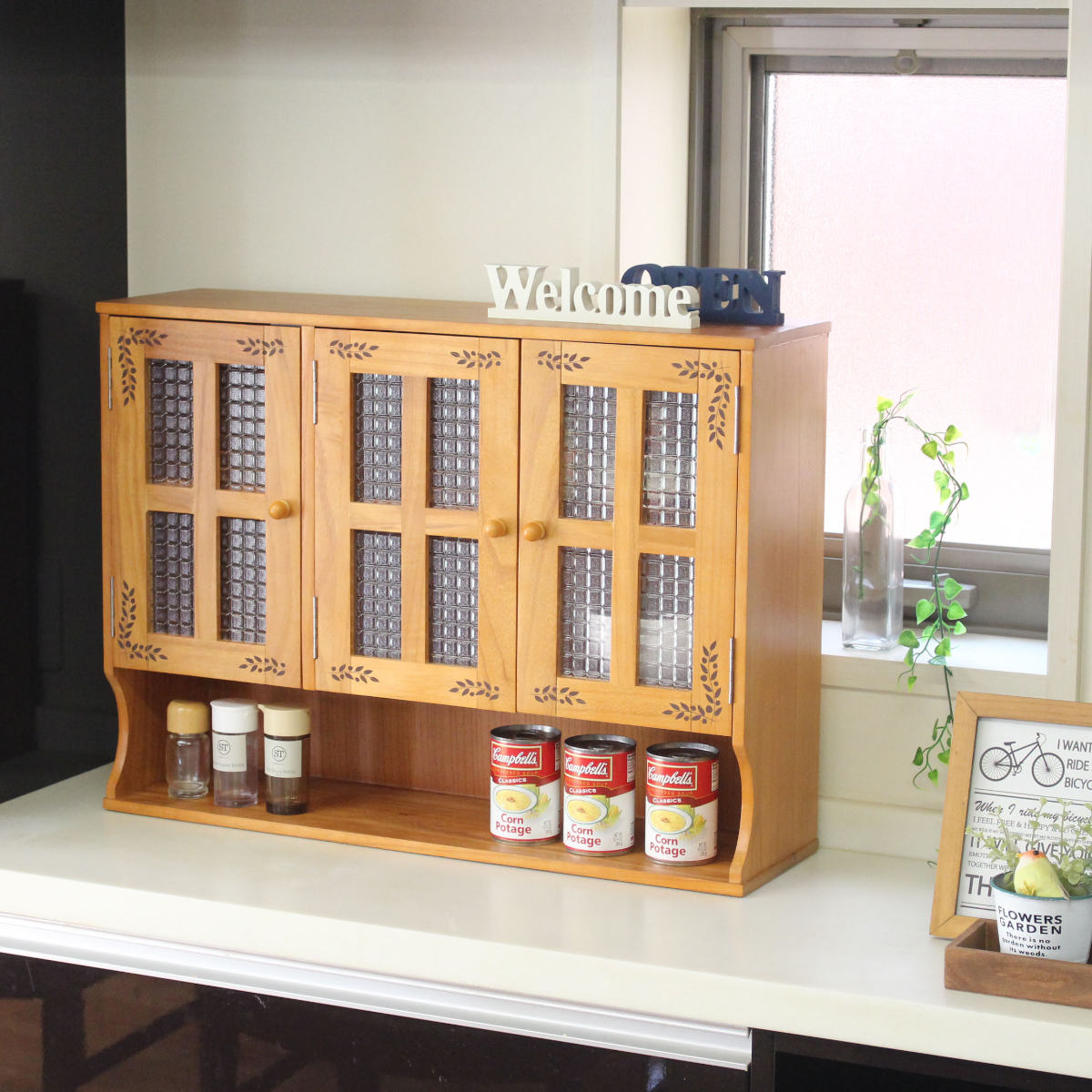 【大幅お値下げ中】無垢材卓上調味料ラック OSMAC 調味料ラック カウンター上調味料ラック 幅68cm リーフ柄 木製