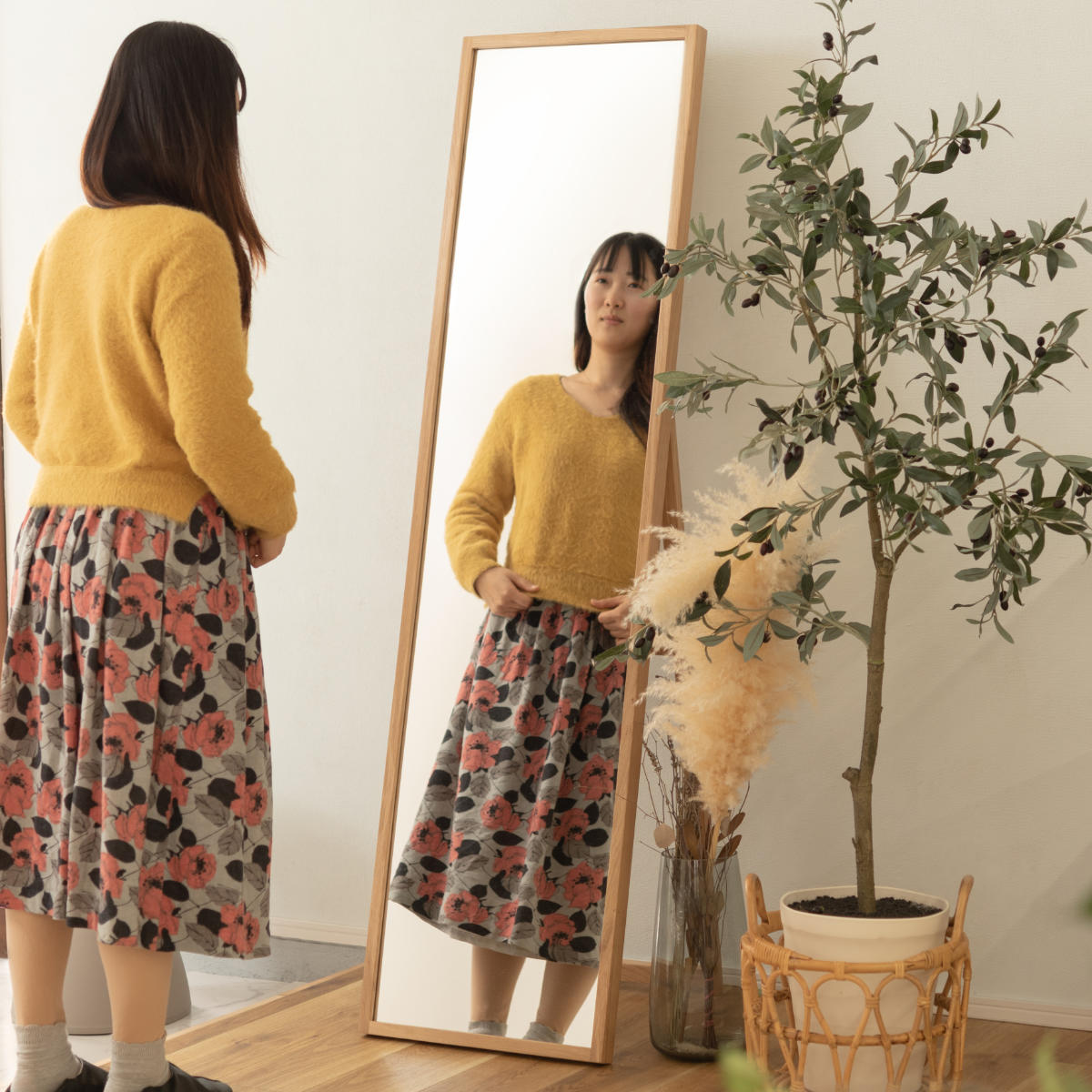 東谷 スタンドミラー 高さ158cm 全身鏡 木製 ウォールミラー （ 木目