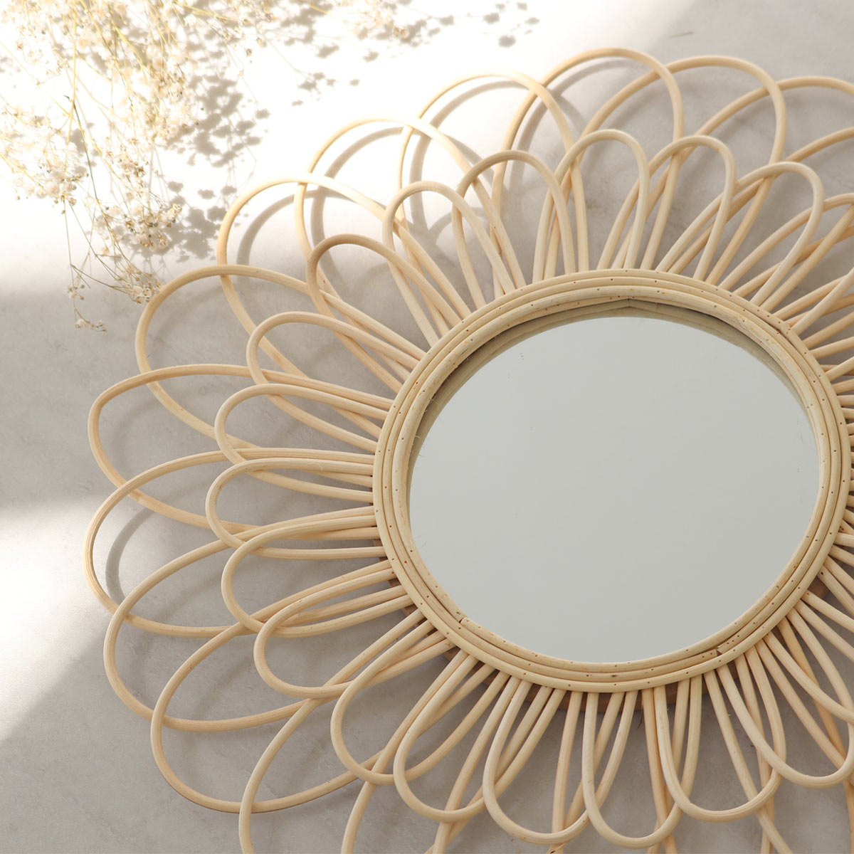 ラタンフラワーミラー 直径43cm 鏡 壁掛け （ ミラー ウォールミラー