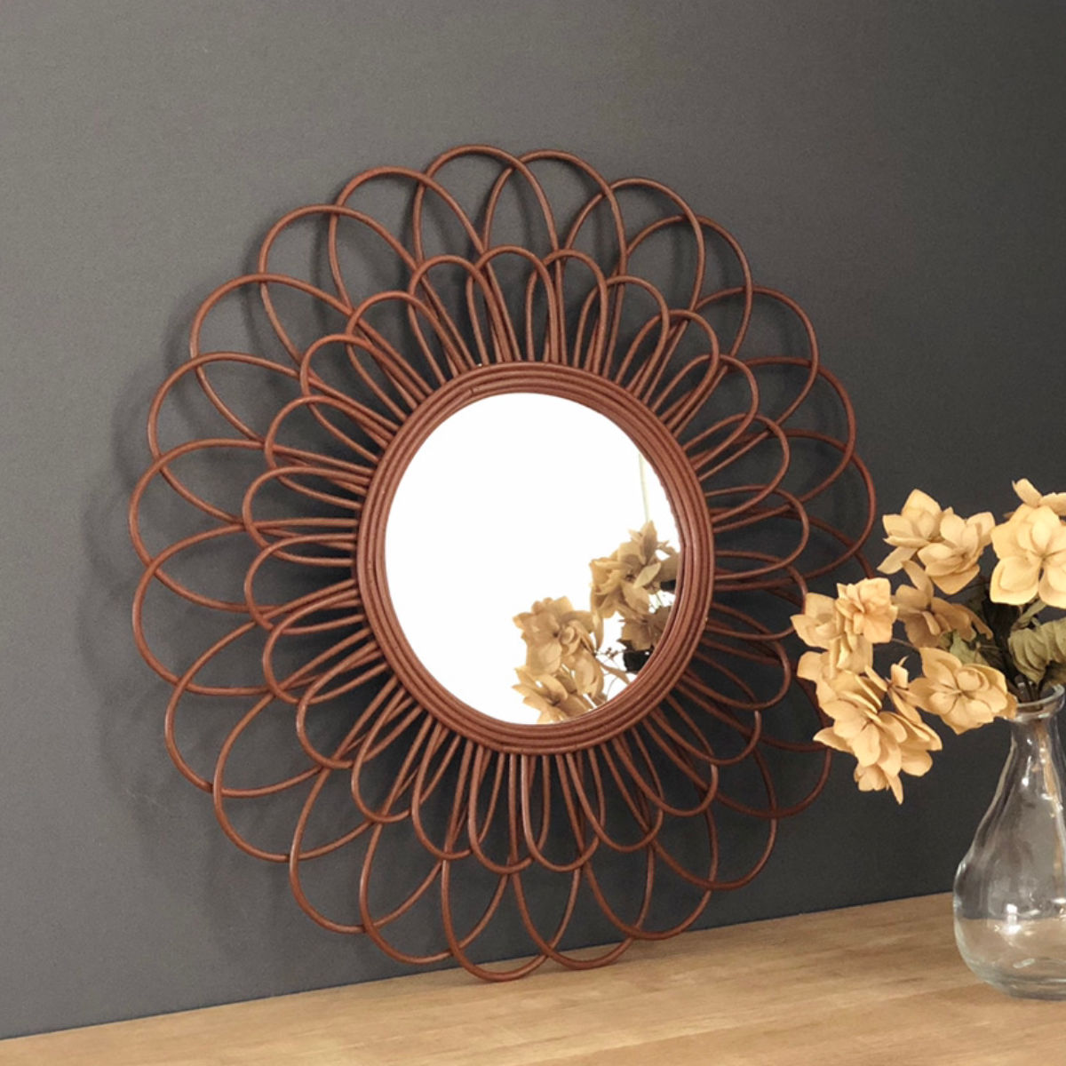 ラタンフラワーミラー 直径43cm 鏡 壁掛け （ ミラー ウォールミラー
