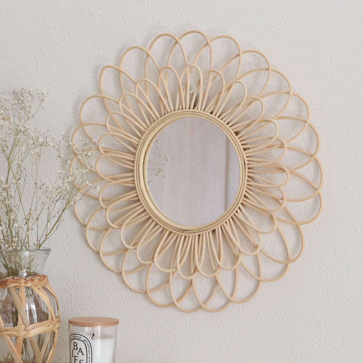ラタンフラワーミラー 直径43cm 鏡 壁掛け （ ミラー ウォールミラー