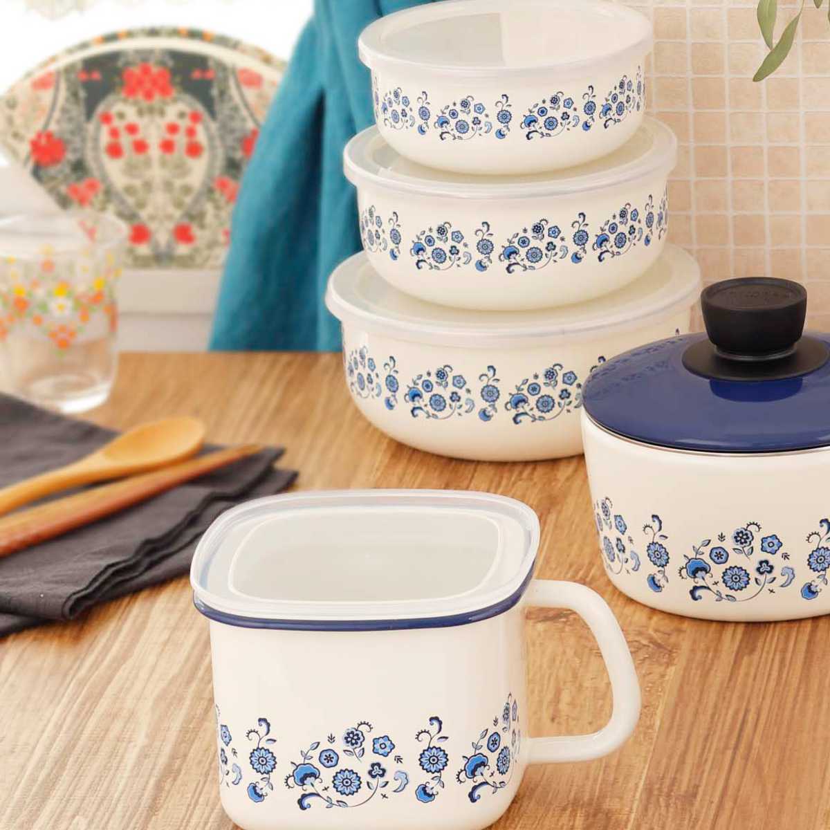 富士ホーロー 保存容器 1.2L メモリーズ 16cm 丸型容器 ブルーフラワー