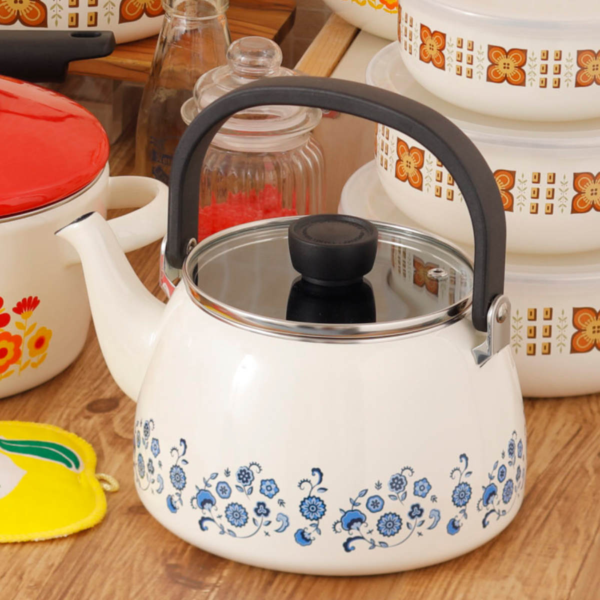 富士ホーロー やかん 2.5L IH対応 メモリーズ ブルーフラワー ケトル