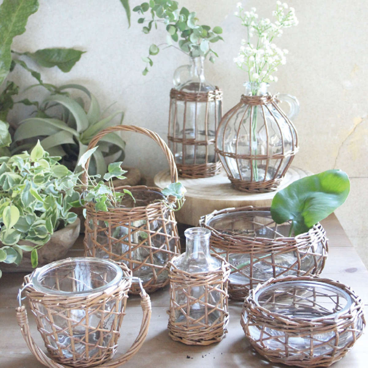 France【Biot】吹きガラス フラワーベース 花瓶　大型 SPICE of Life（スパイス オブ ライフ） 花瓶 FONTAINE かご編み
