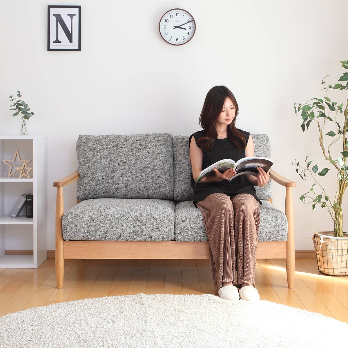 ソファ 二人掛け 幅136cm 木製 洗えるカバー ファブリック （ 開梱設置