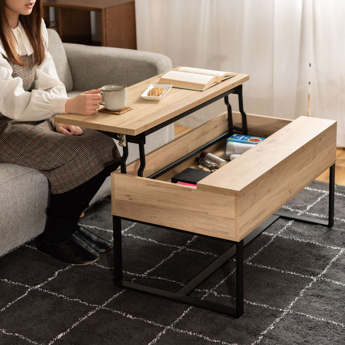 東谷 センターテーブル 幅90cm 2WAY 高さ調節 木目調 （ 昇降式 ロー