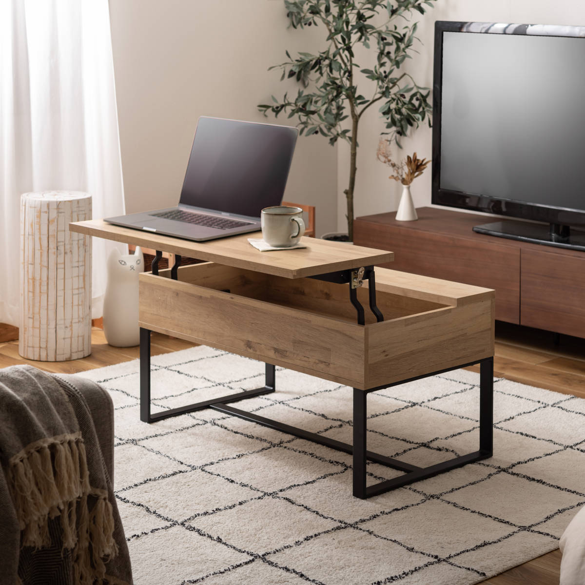 東谷 センターテーブル 幅90cm 2WAY 高さ調節 木目調 （ 昇降式 ロー