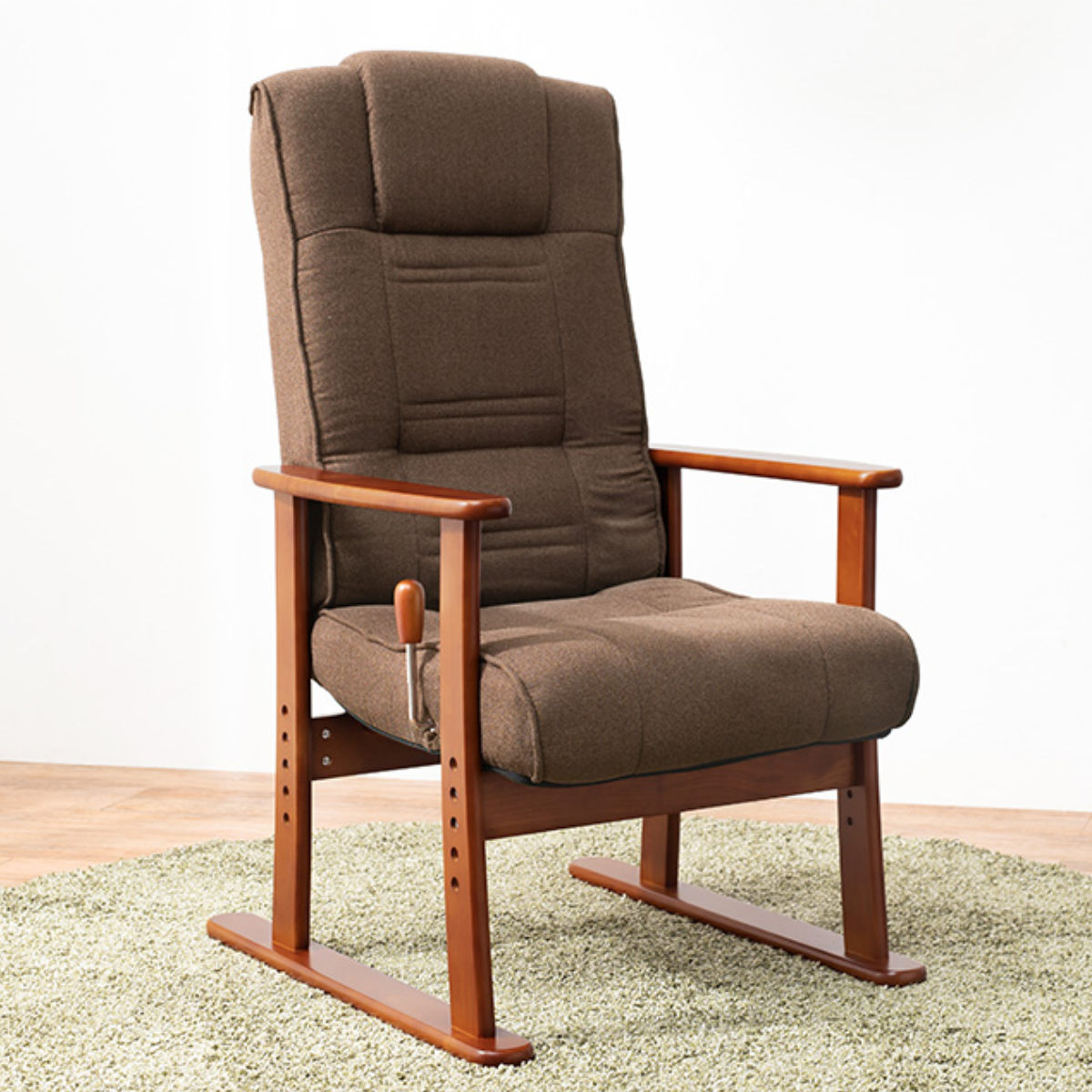 リクライニングチェア　肘付き座椅子　布張り　ブラウン　座面3段階高さ調節可能 HAGiHARA（萩原） 高座椅子 座面高35〜44cm 無段階リクライニング