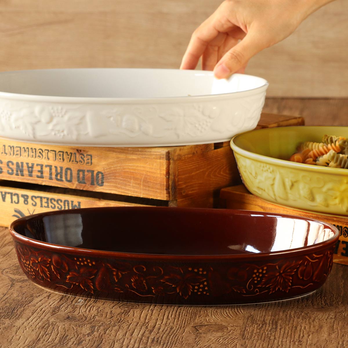 グラタン皿 30cm LL 楕円 レリーフグラタン 陶器 （ 食洗器対応 電子