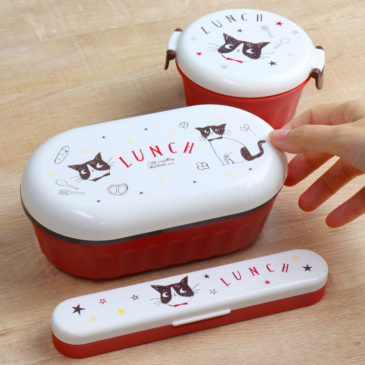 ナカノ コンビセット ハッピーキャット レッド （ スプーン 箸 18cm お