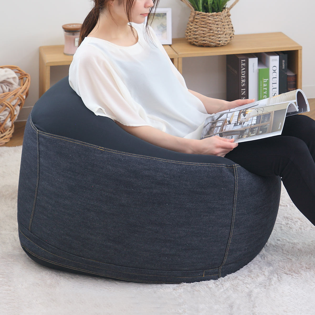 ビーズクッション Lサイズ キューブチェア デニム （ 洗える カバー