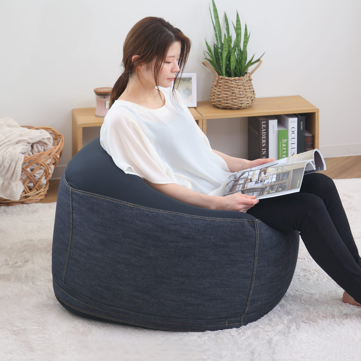 ビーズクッション Lサイズ キューブチェア デニム （ 洗える カバー