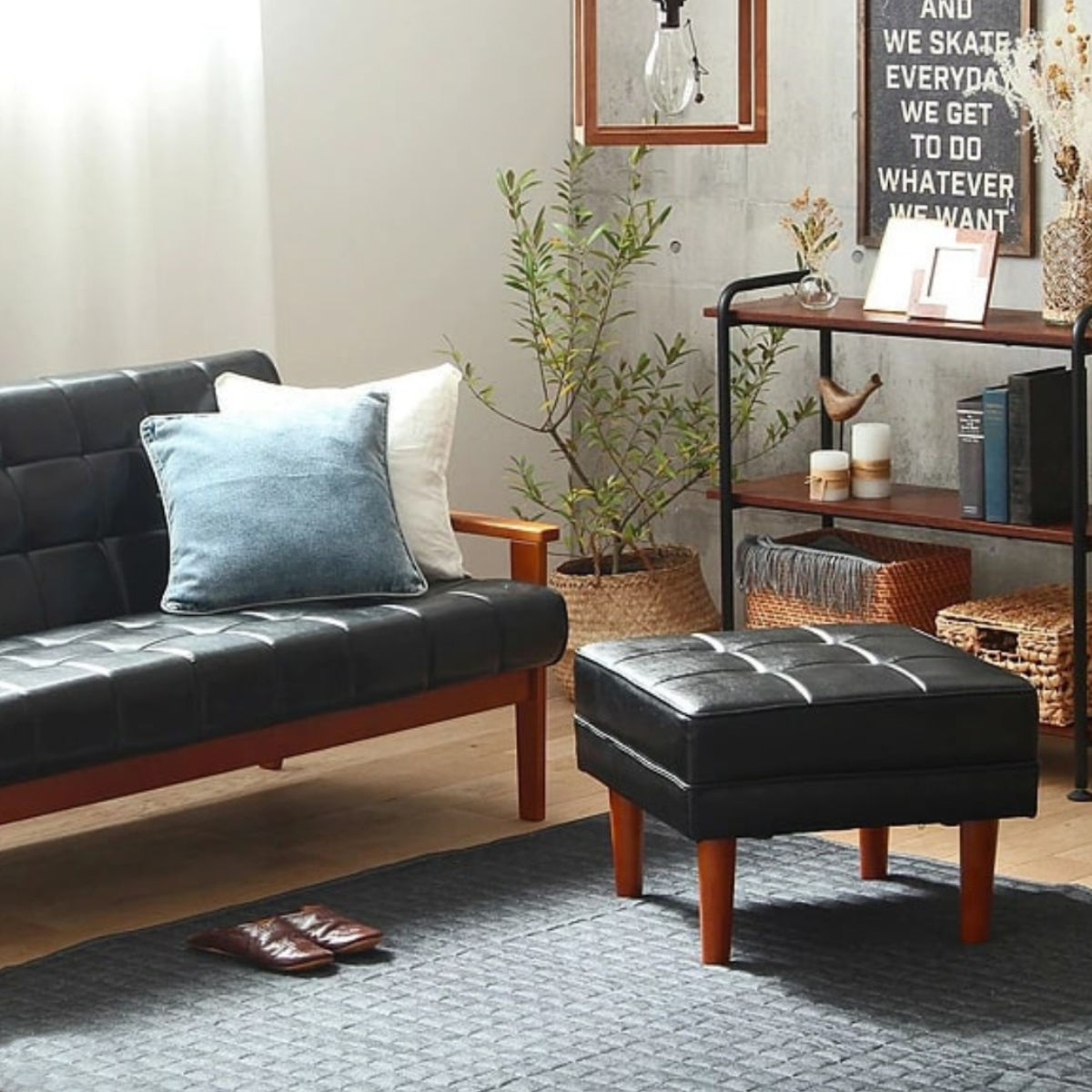 岩附 オットマン 高さ40cm レザー調 木製 （ チェア スツール 1人掛け