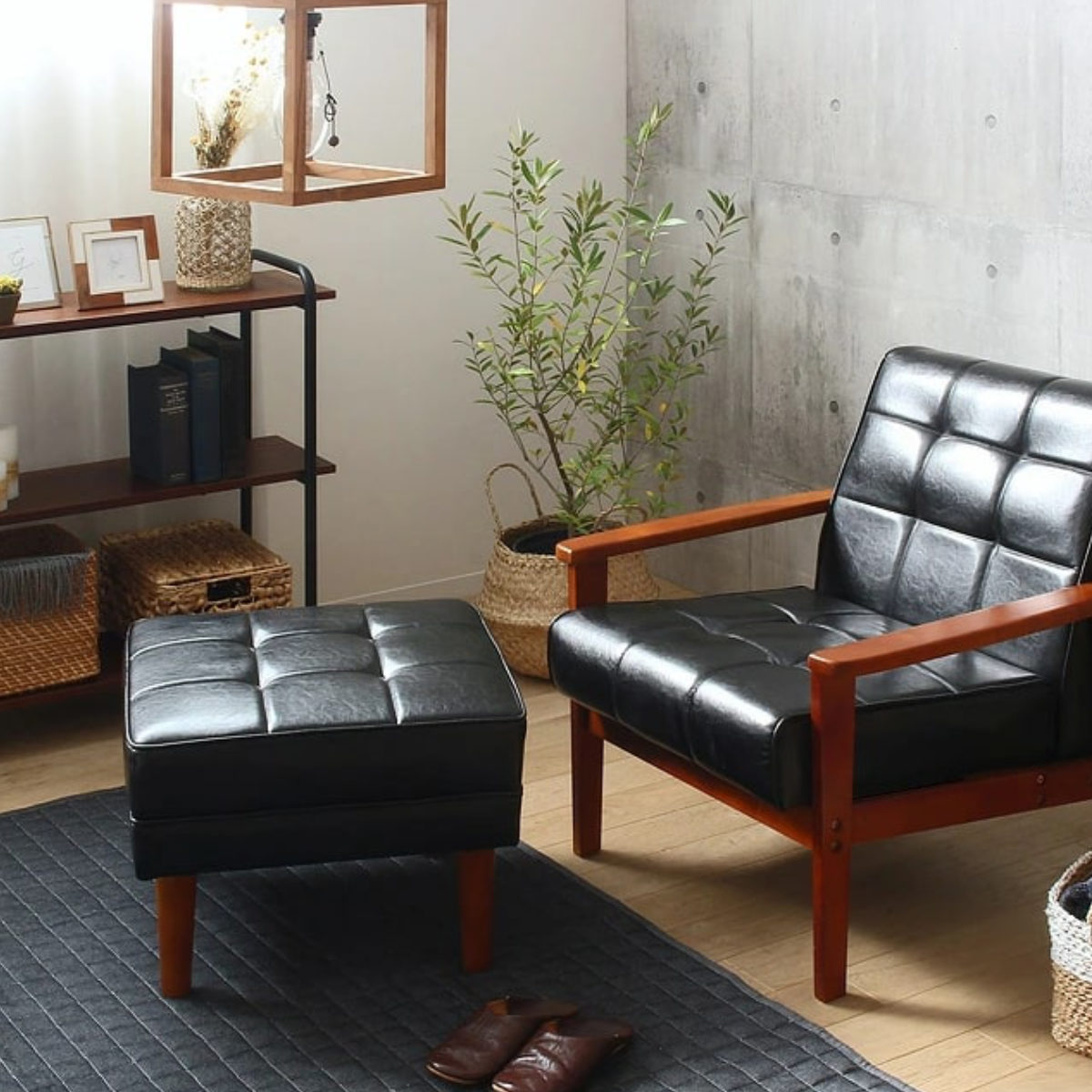 岩附 オットマン 高さ40cm レザー調 木製 （ チェア スツール 1人掛け