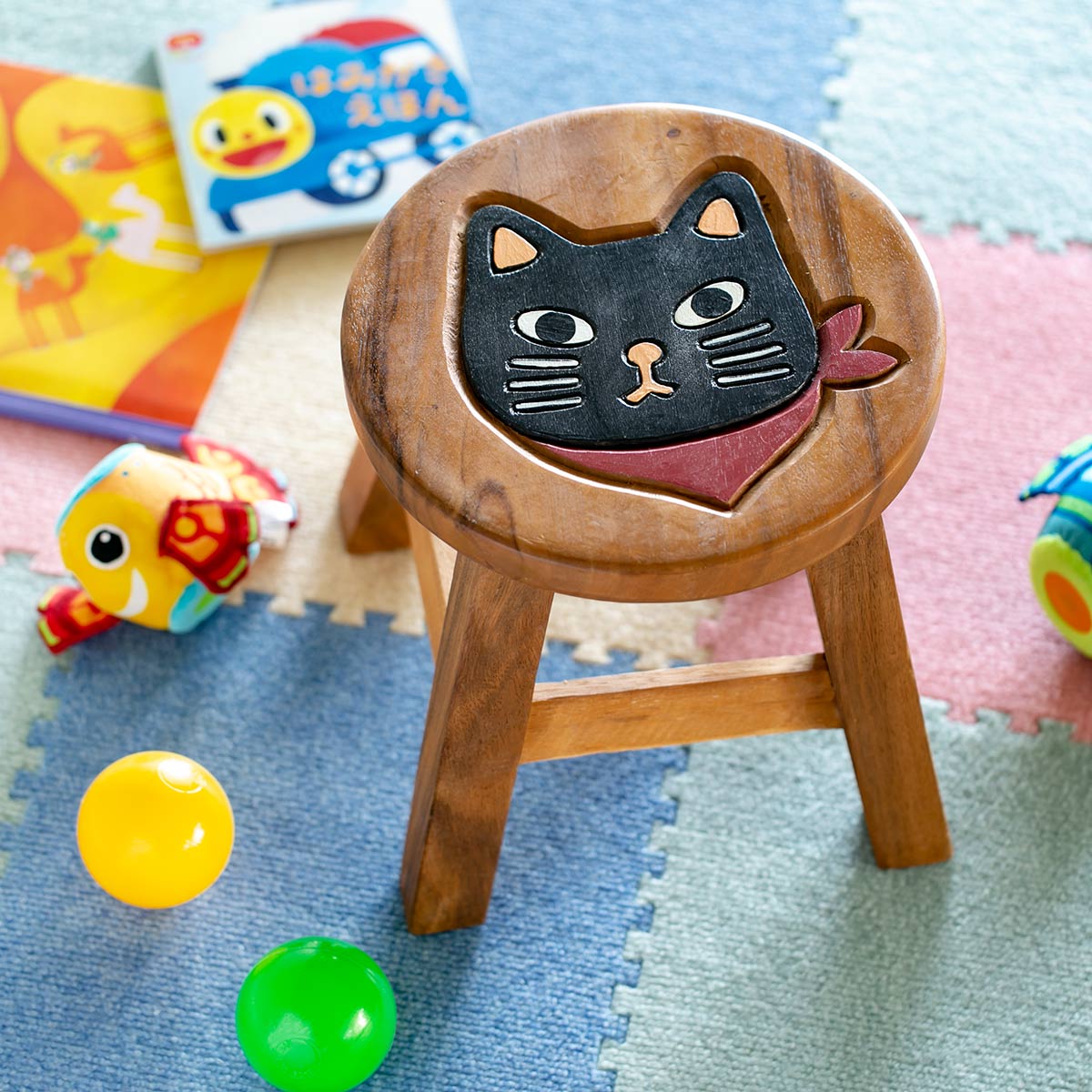 スツール スカーフねこ 木製 天然木 丸椅子 （ 丸 ウッドスツール