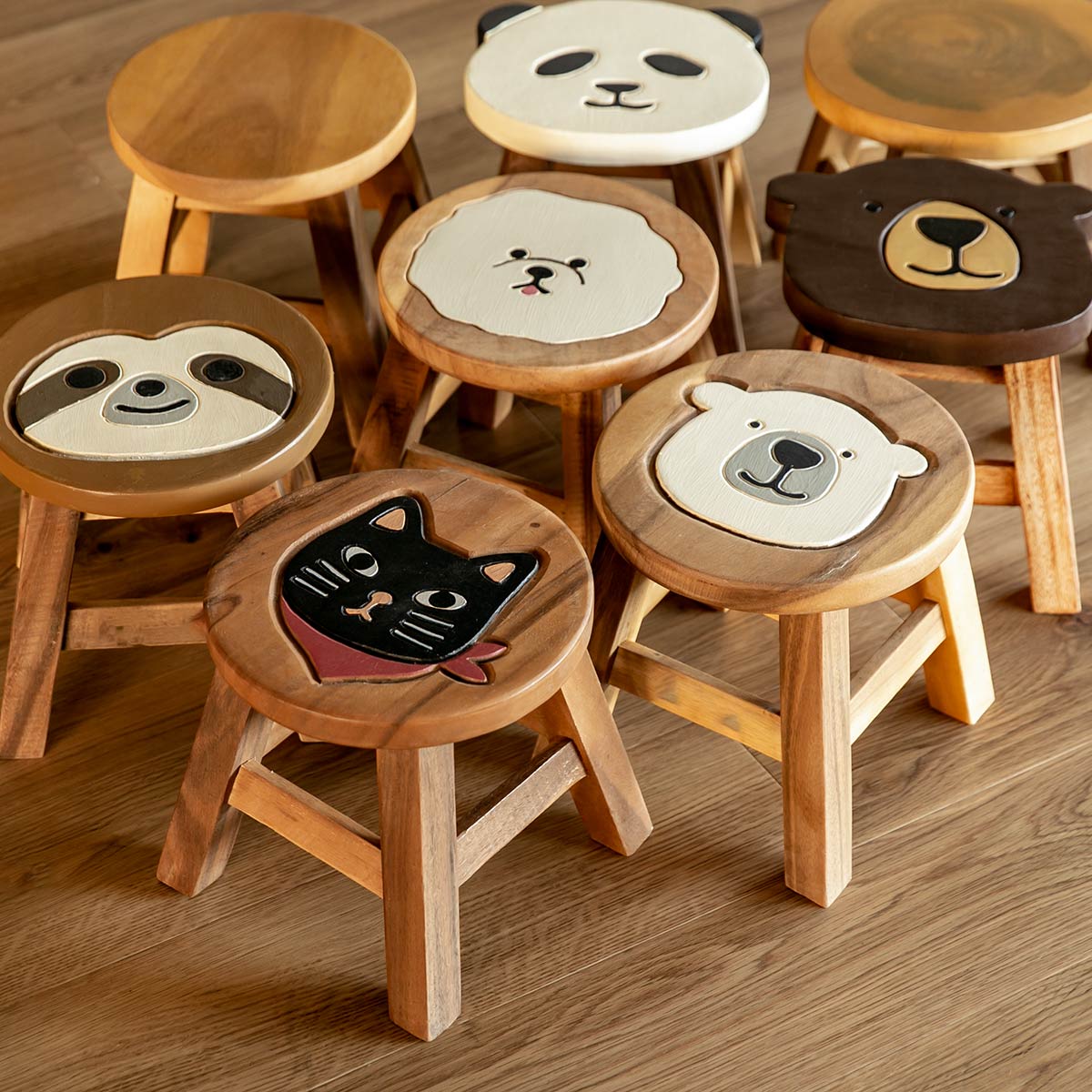 スツール 招き猫 木製 天然木 丸椅子 （ 丸 ウッドスツール 子ども