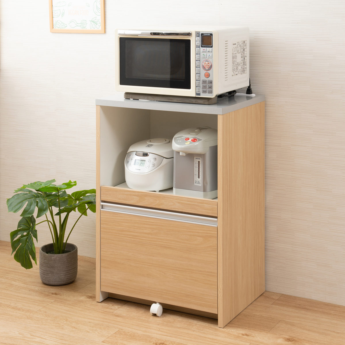 レンジ台 カウンタータイプ スライドストッカー付 幅60cm （ キッチン収納 収納 レンジ レンジラック 棚 ）の画像