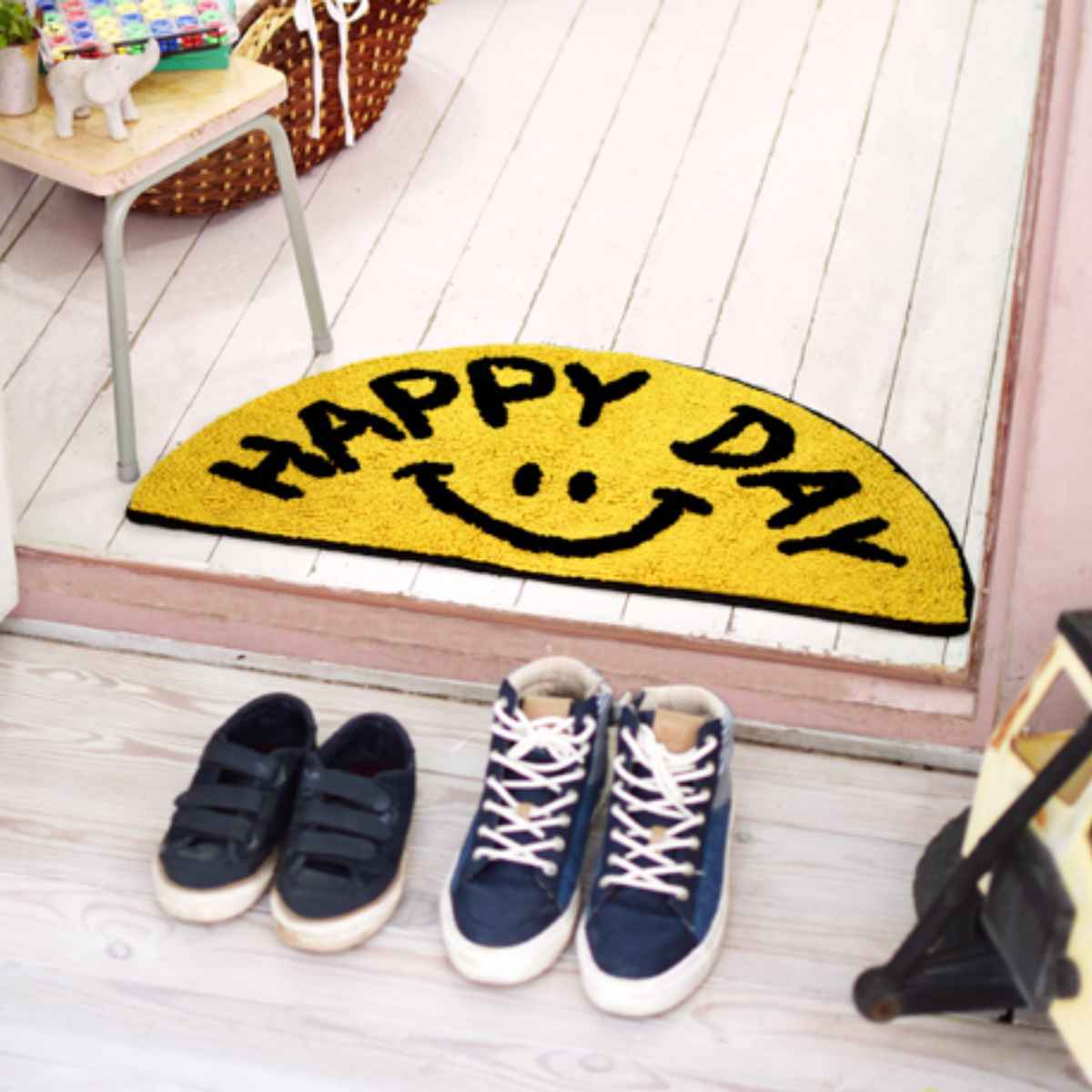 玄関マット 室内用 35×70cm セミサークルマット スマイル （ 玄関